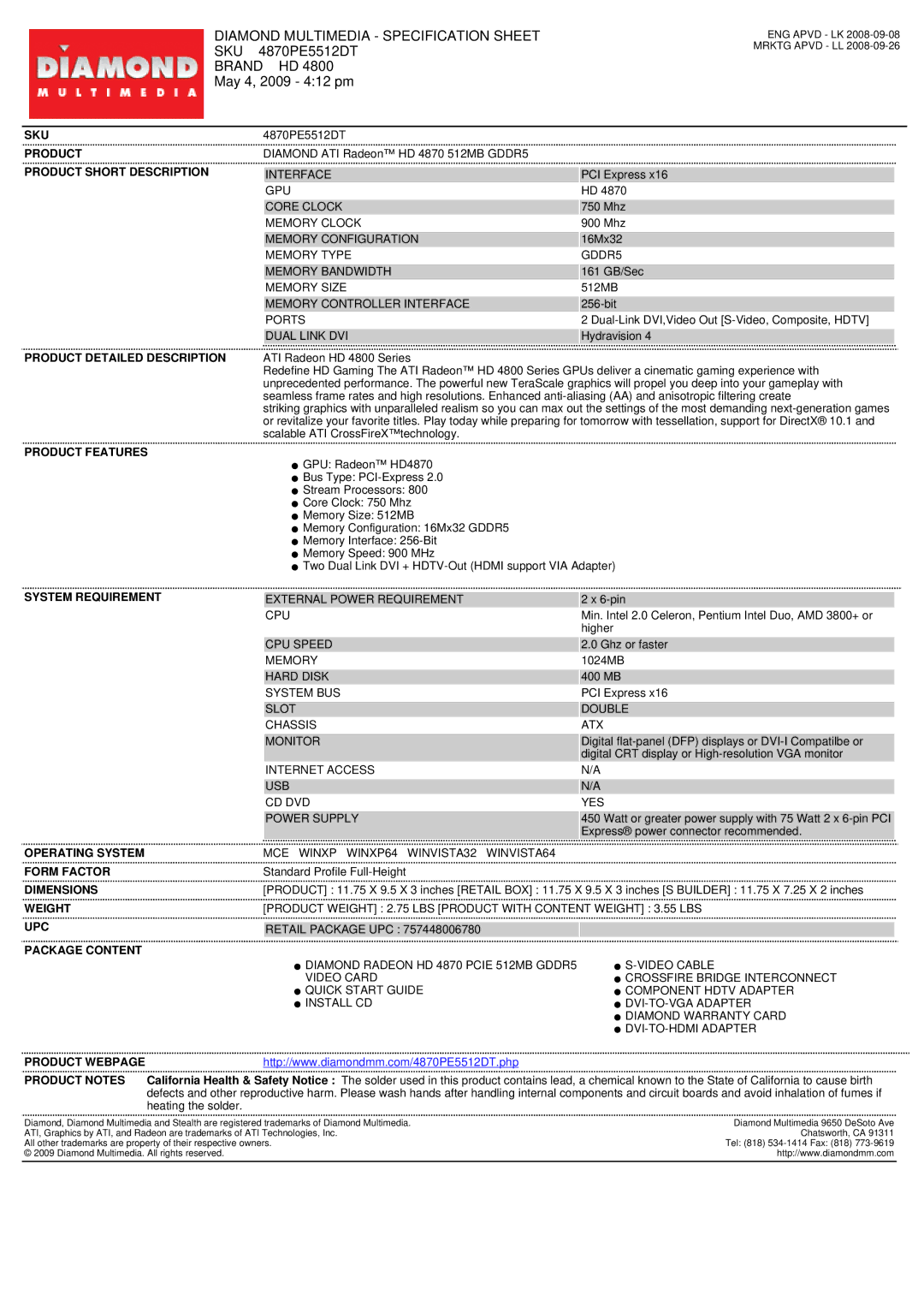 Diamond Multimedia 4870PE5512DT specifications Sku, Product Short Description, Product Detailed Description 