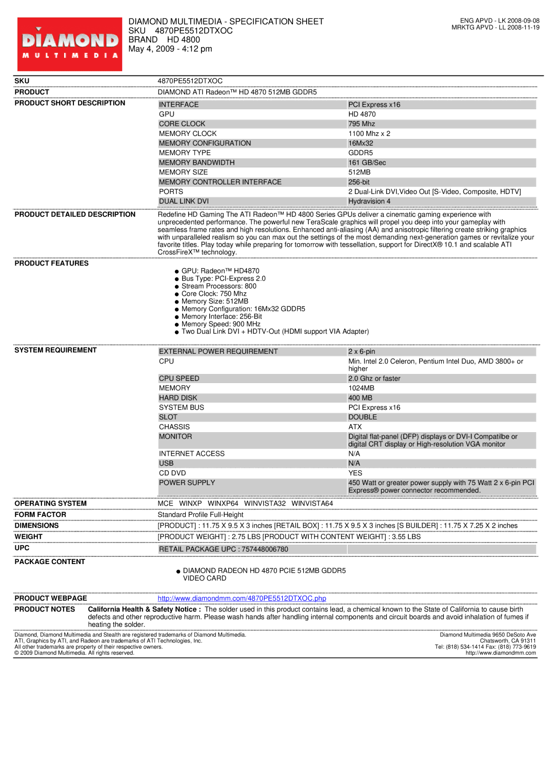 Diamond Multimedia 4870PE5512DTXOC specifications Sku, Product Short Description, Product Detailed Description 