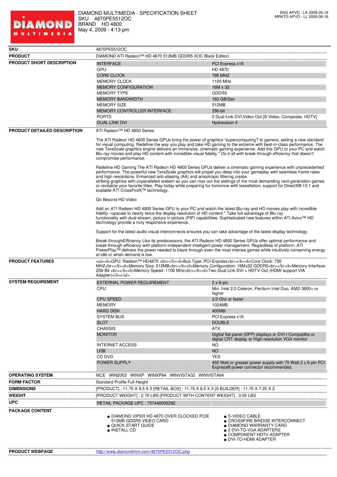 Diamond Multimedia 4870PE5512OC specifications Sku, Product Short Description, Product Detailed Description, Weight 