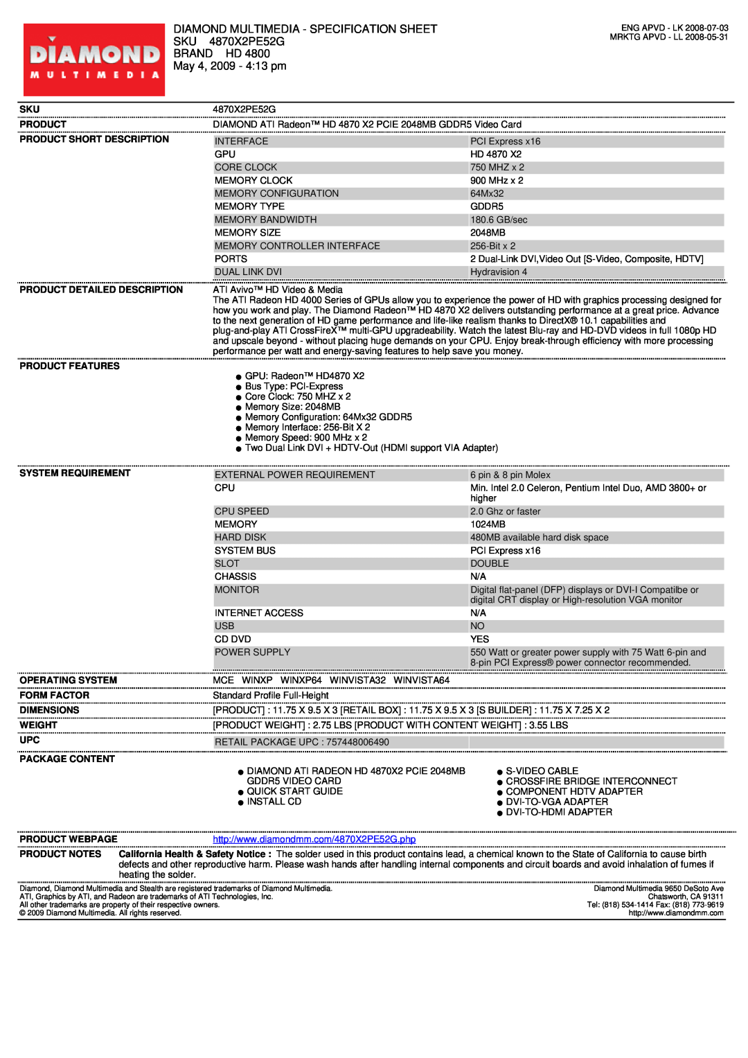 Diamond Multimedia 4870X2PE52G specifications Diamond Multimedia - Specification Sheet, Brand Hd, May 4, 2009 - 413 pm 