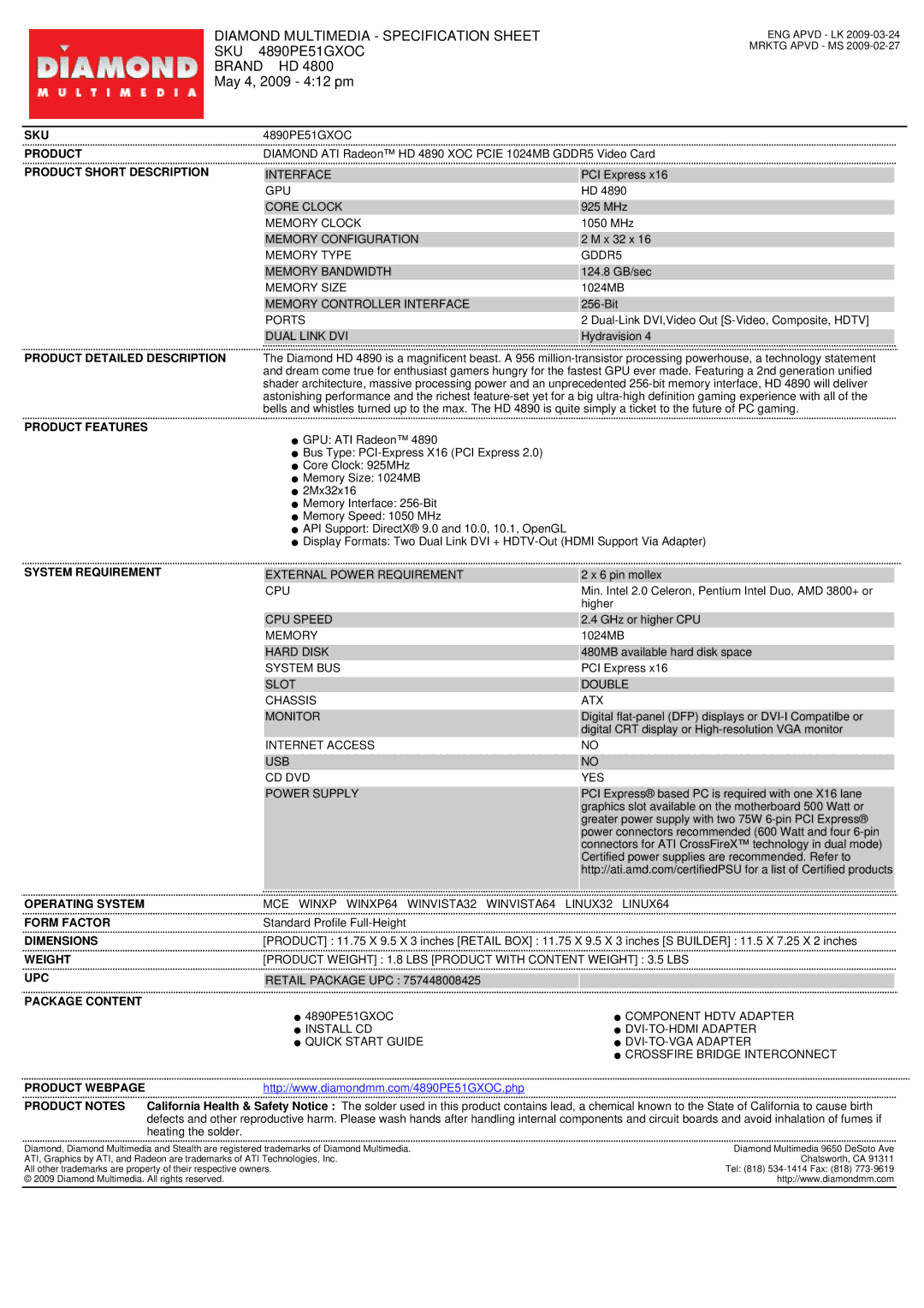 Diamond Multimedia 4890PE51GXOC specifications Sku, Product Short Description, Product Detailed Description, Weight 