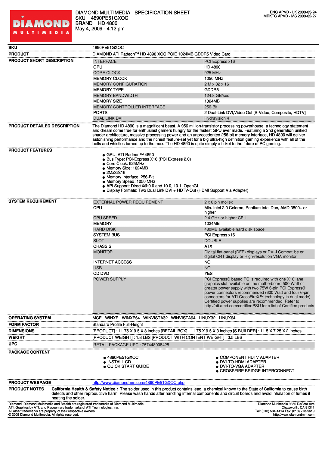 Diamond Multimedia 4890PE51GXOC specifications Diamond Multimedia - Specification Sheet, Brand Hd, May 4, 2009 - 412 pm 