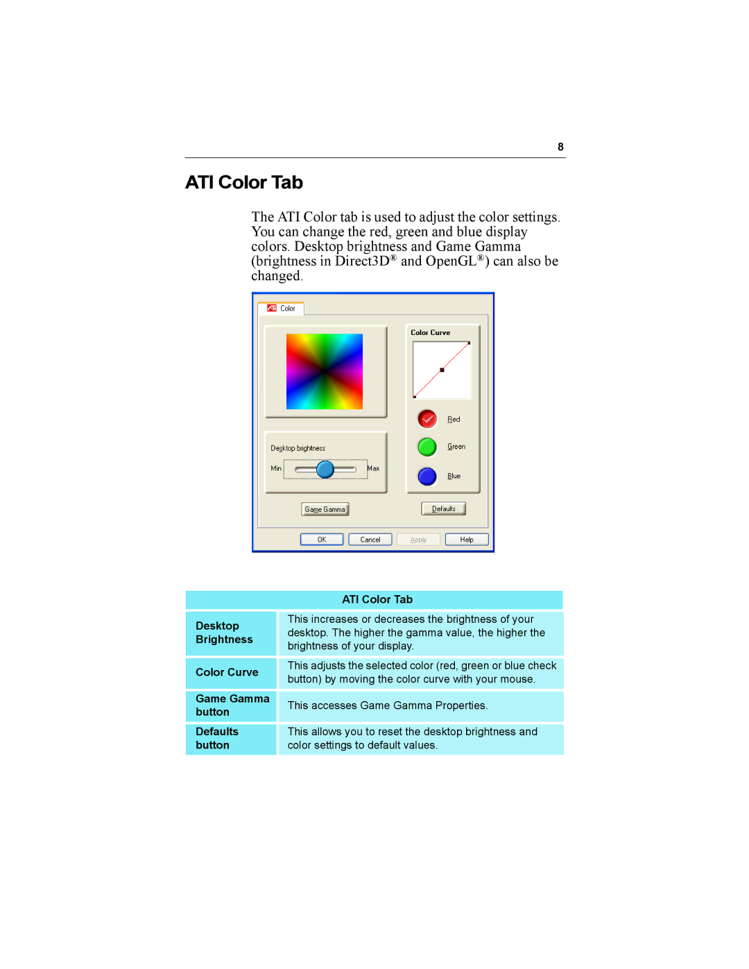 Diamond Multimedia 9000 specifications ATI Color Tab, Button by moving the color curve with your mouse 