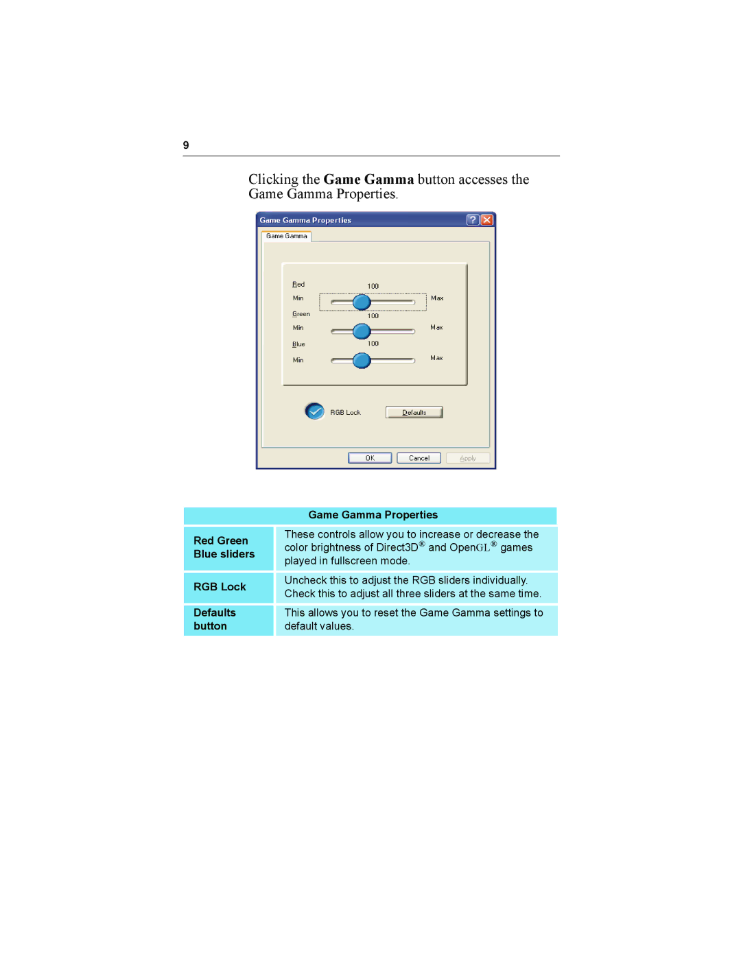 Diamond Multimedia 9000 specifications Game Gamma Properties, Red Green, Blue sliders, RGB Lock 