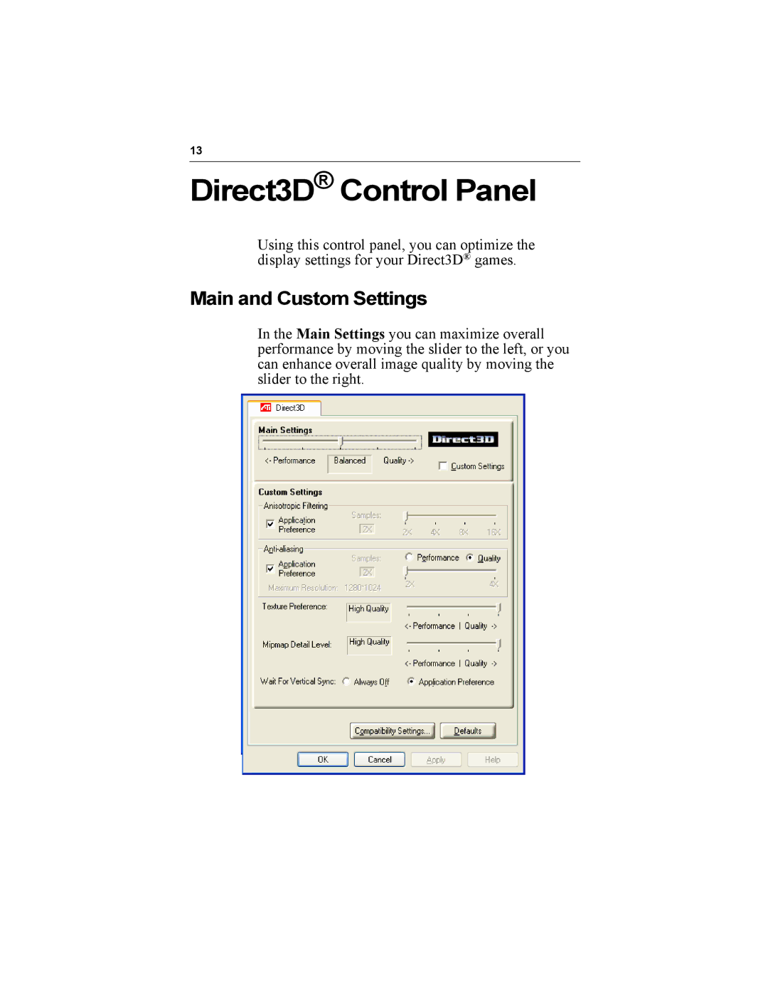 Diamond Multimedia 9000 specifications Direct3D Control Panel, Main and Custom Settings 