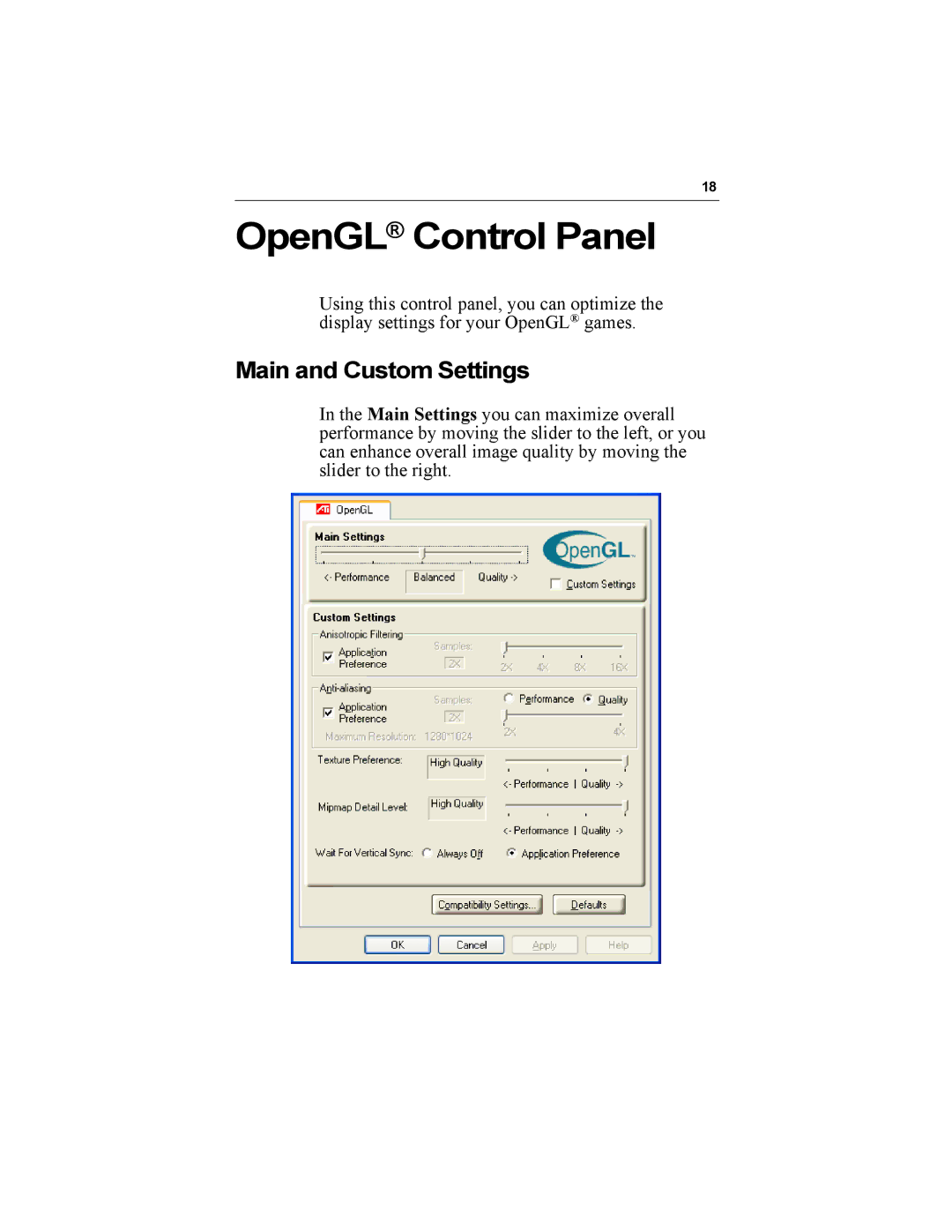 Diamond Multimedia 9000 specifications OpenGL Control Panel, Main and Custom Settings 