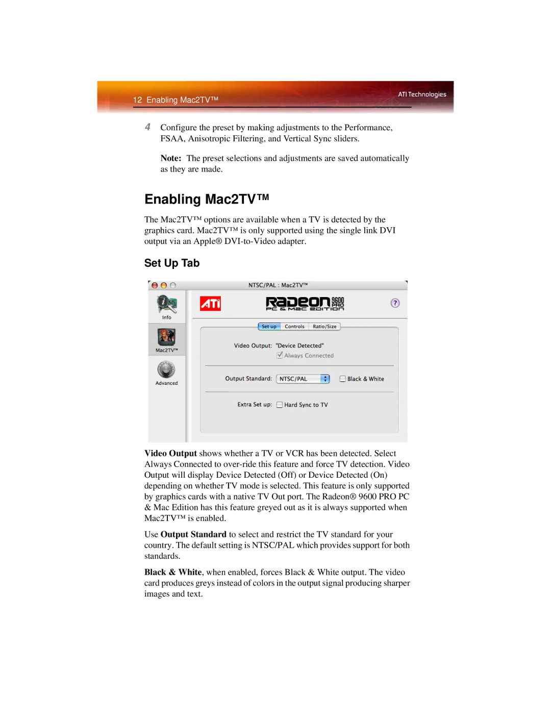 Diamond Multimedia 9600 PRO manual Enabling Mac2TV, Set Up Tab 