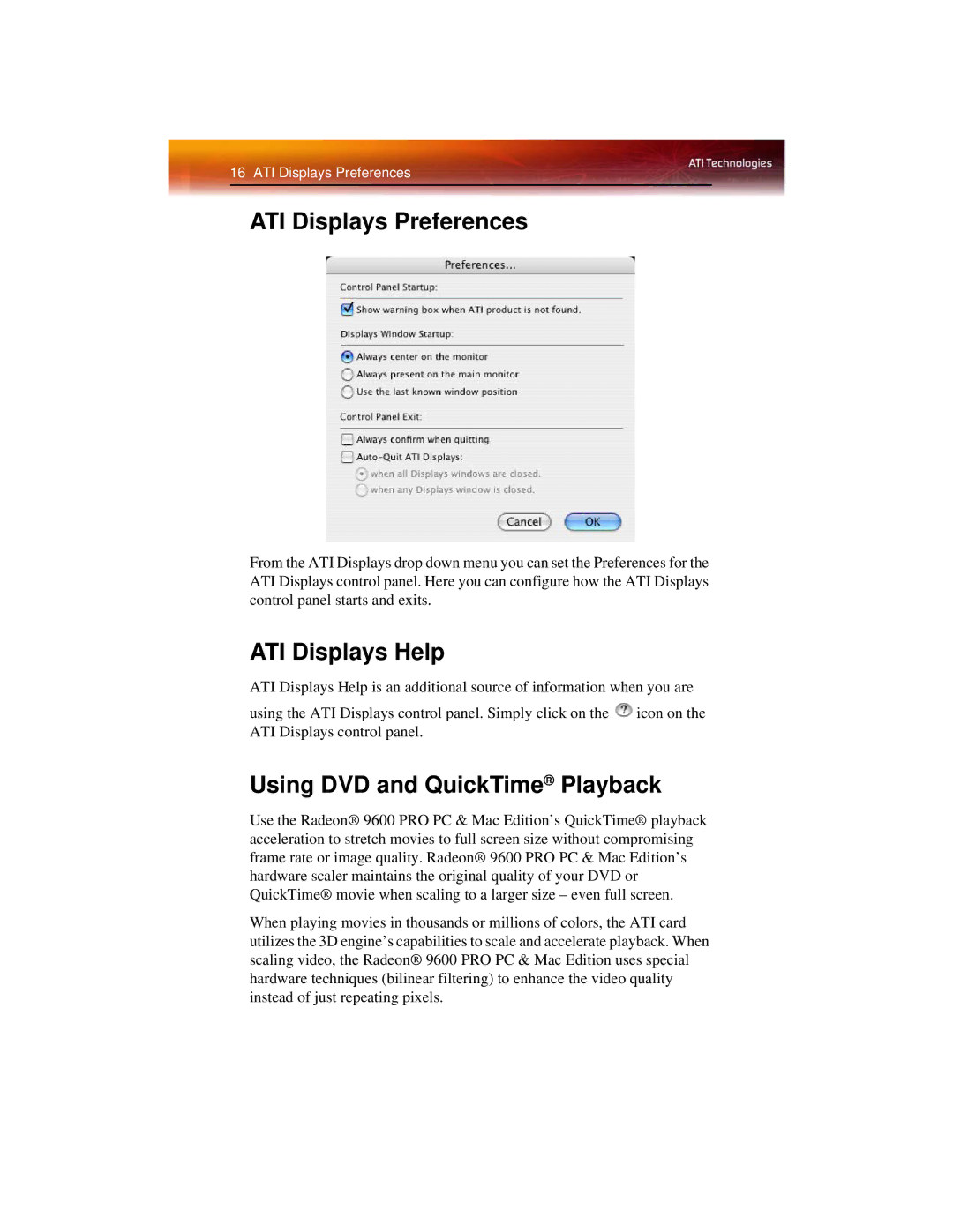 Diamond Multimedia 9600 PRO manual ATI Displays Preferences, ATI Displays Help, Using DVD and QuickTime Playback 