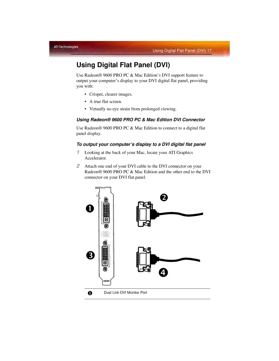 Diamond Multimedia manual Using Digital Flat Panel DVI, Using Radeon 9600 PRO PC & Mac Edition DVI Connector 