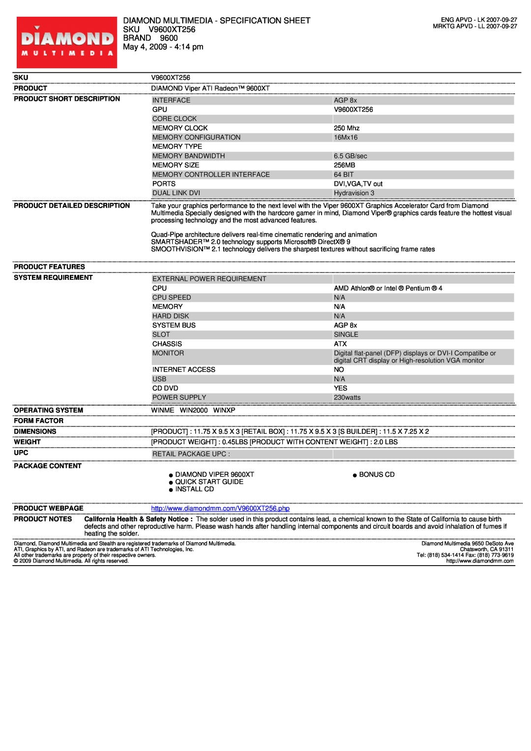 Diamond Multimedia specifications Diamond Multimedia - Specification Sheet, V9600XT256, Brand, May 4, 2009 - 414 pm 