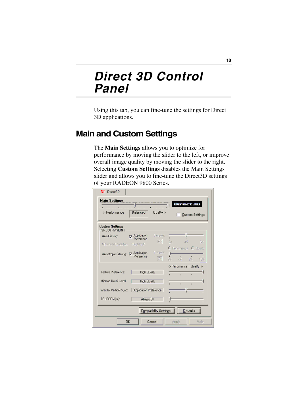 Diamond Multimedia 9800 Series specifications Direct 3D Control Panel, Main and Custom Settings 