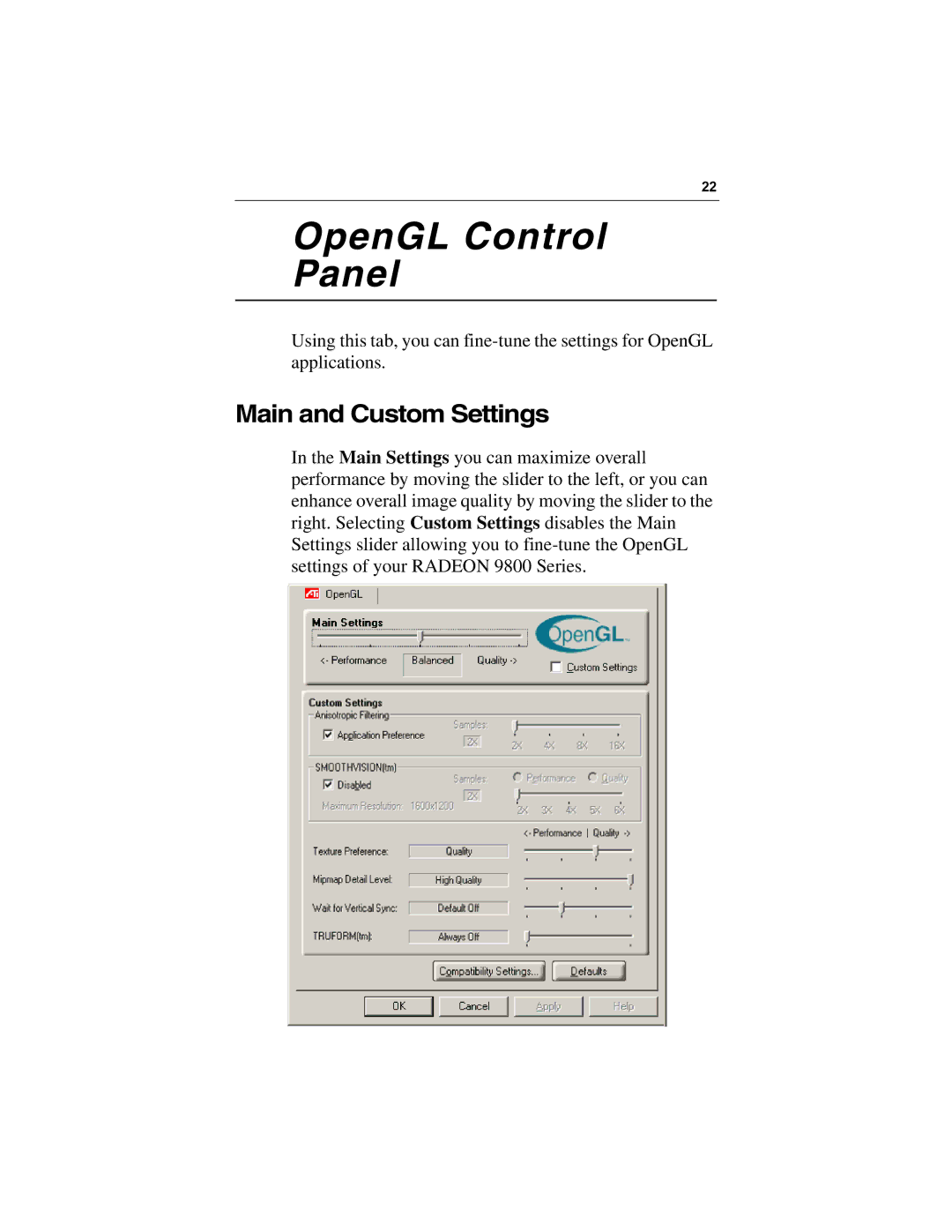 Diamond Multimedia 9800 Series specifications OpenGL Control Panel, Main and Custom Settings 