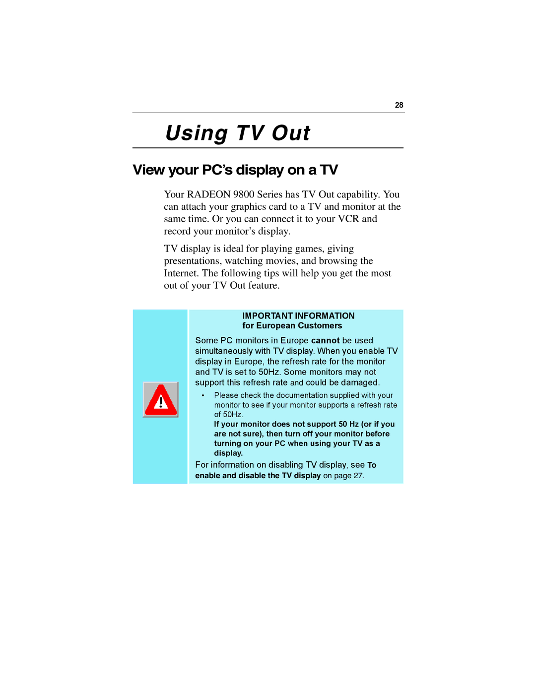 Diamond Multimedia 9800 Series specifications Using TV Out, View your PC’s display on a TV 