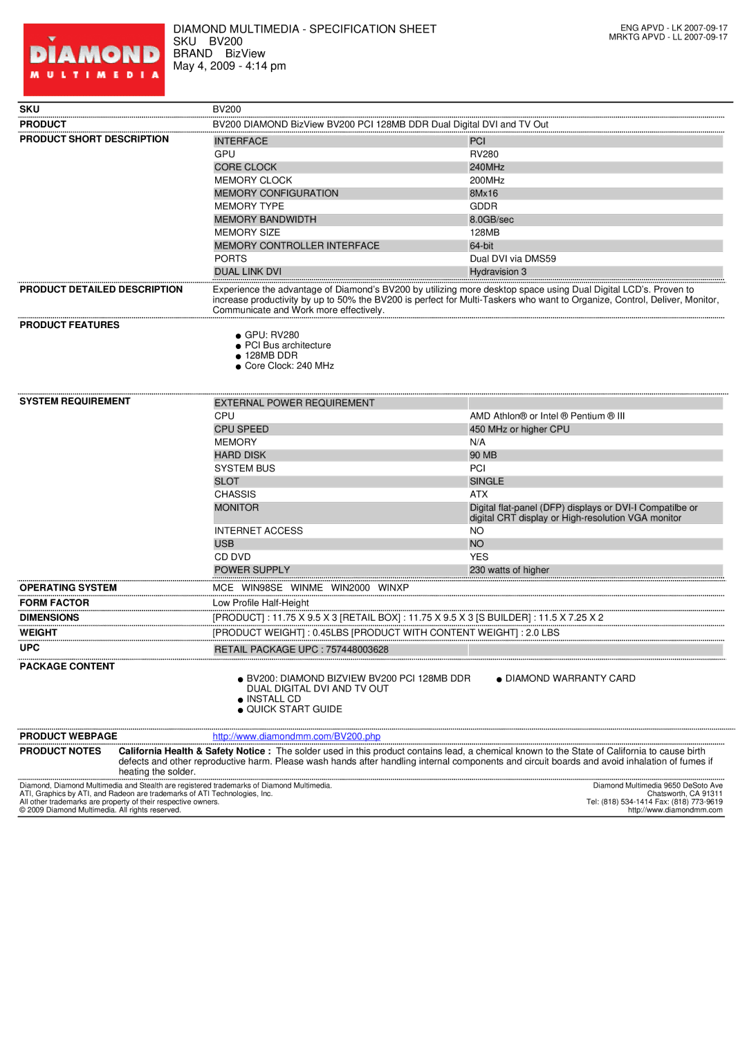 Diamond Multimedia BV200 PCI specifications Diamond Multimedia Specification Sheet, Sku, Brand BizView May 4, 2009 414 pm 