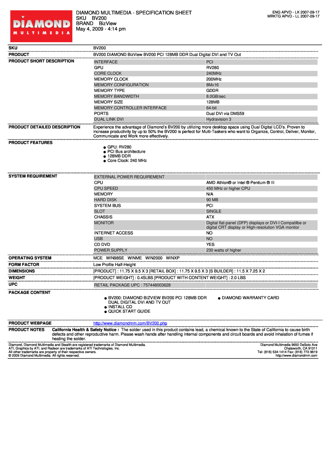 Diamond Multimedia BV200 PCI specifications Diamond Multimedia - Specification Sheet, BRAND BizView, May 4, 2009 - 414 pm 