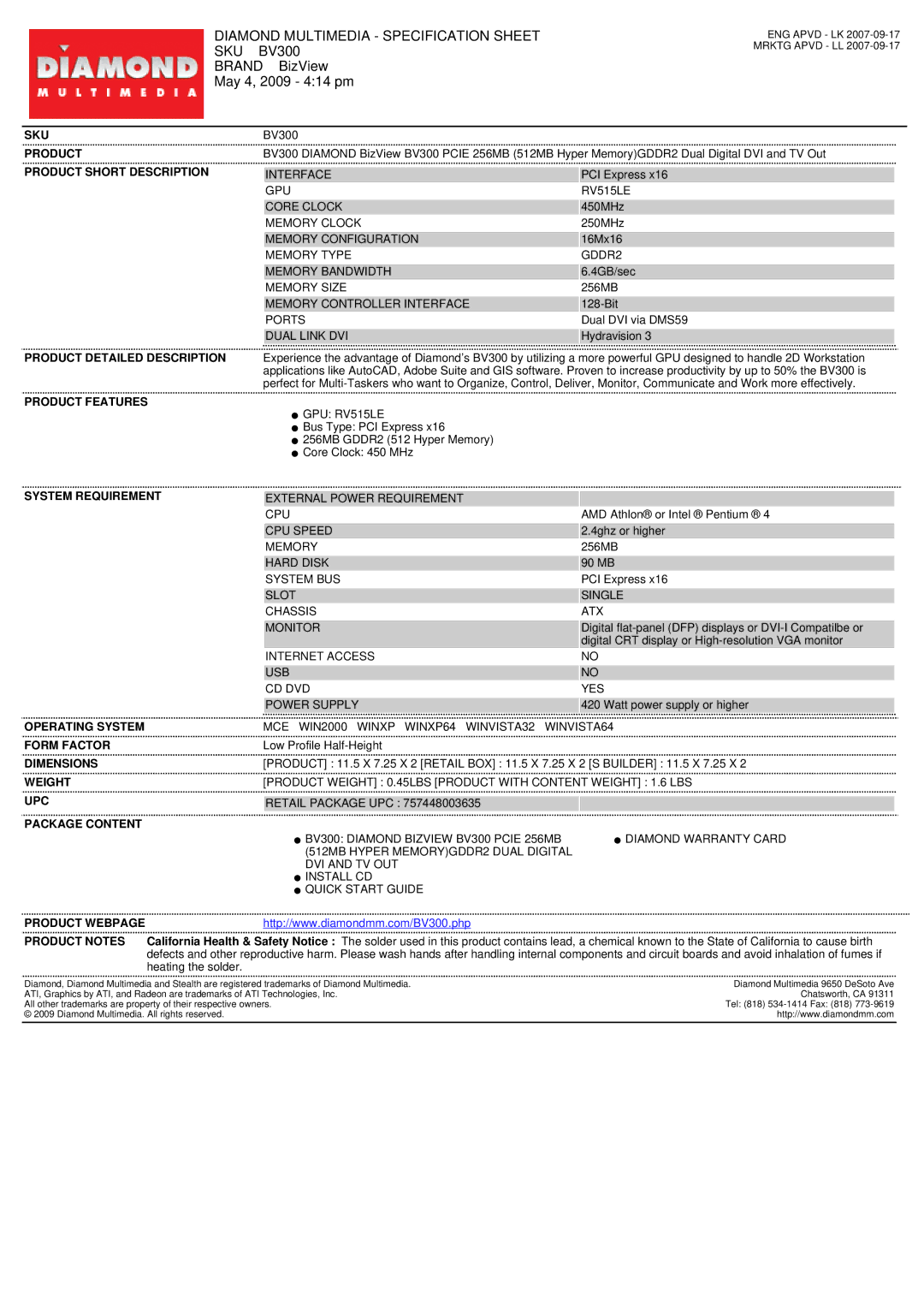 Diamond Multimedia BV300 PCIE specifications Diamond Multimedia Specification Sheet, Sku, Brand BizView May 4, 2009 414 pm 