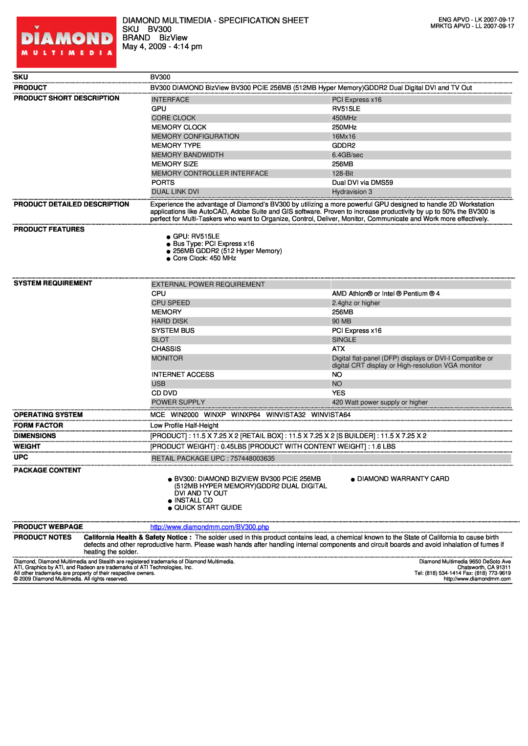 Diamond Multimedia BV300 PCIE specifications Diamond Multimedia - Specification Sheet, BRAND BizView, May 4, 2009 - 414 pm 