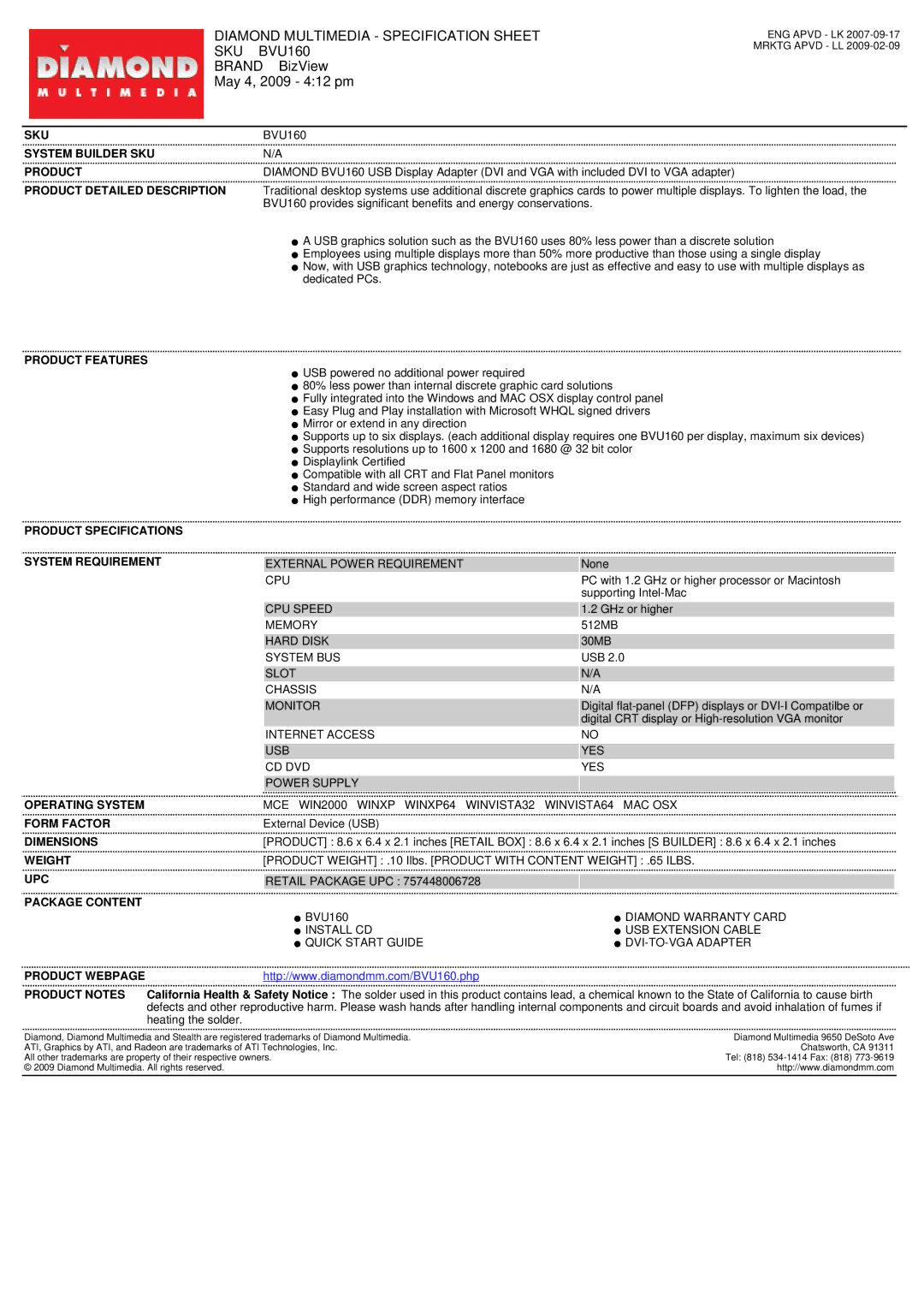 Diamond Multimedia specifications Diamond Multimedia Specification Sheet SKU BVU160, Brand BizView May 4, 2009 412 pm 