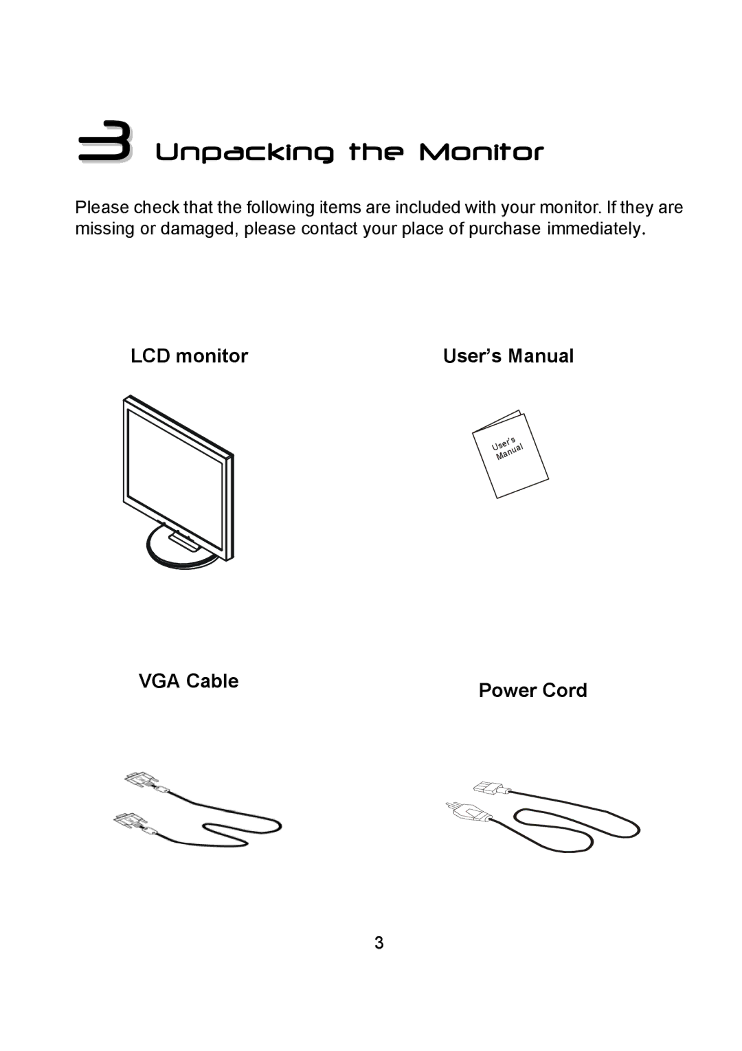 Diamond Multimedia DV170J/JB manual Unpacking the Monitor, LCD monitor, VGA Cable 