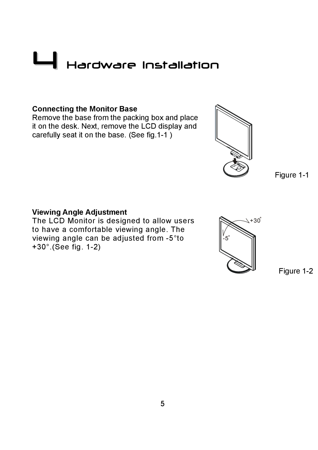 Diamond Multimedia DV170J/JB manual Hardware Installation, Connecting the Monitor Base, Viewing Angle Adjustment 