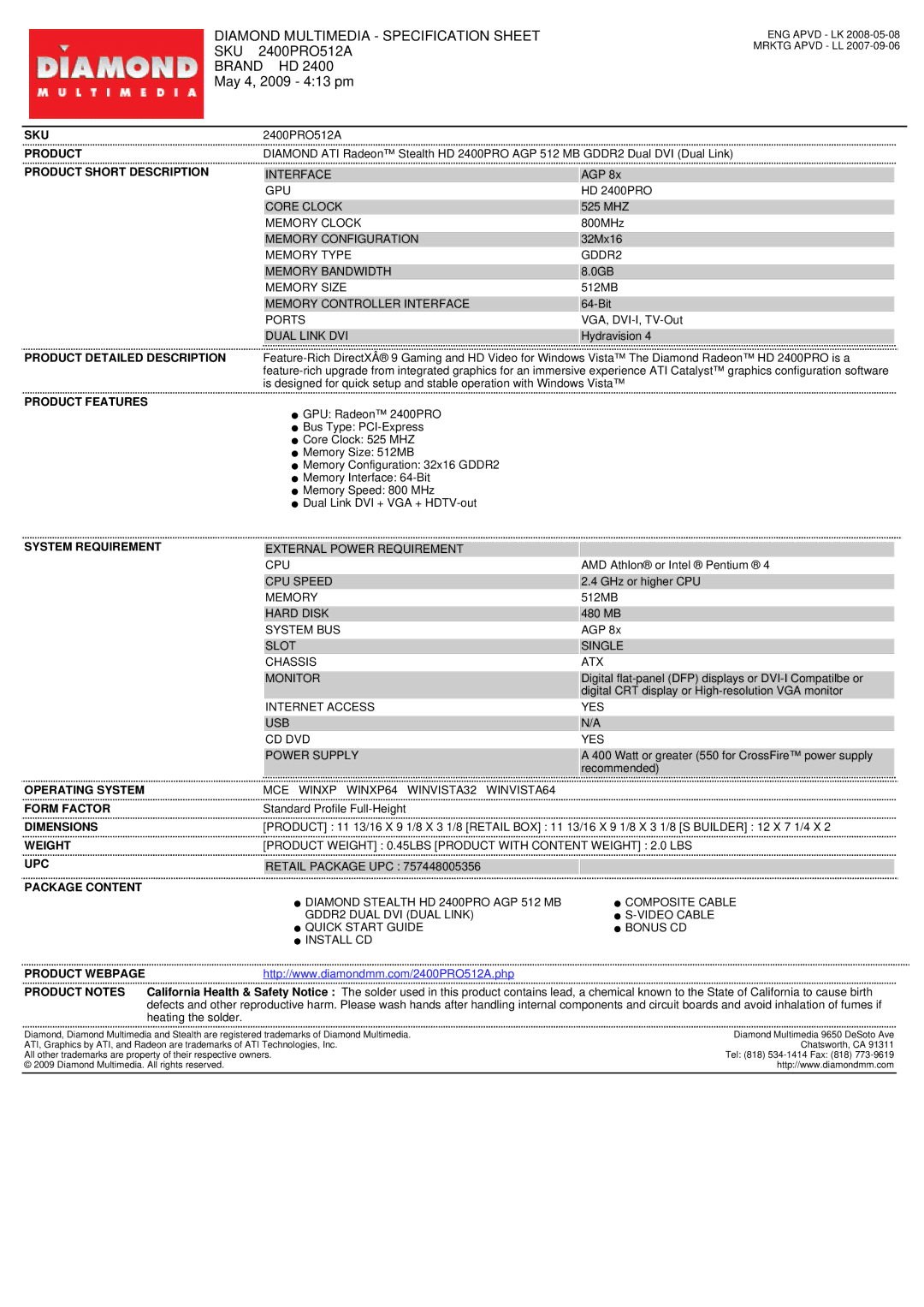 Diamond Multimedia SKU 2400PRO512A, HD 2400PRO AGP specifications Diamond Multimedia Specification Sheet, Sku, Brand HD 