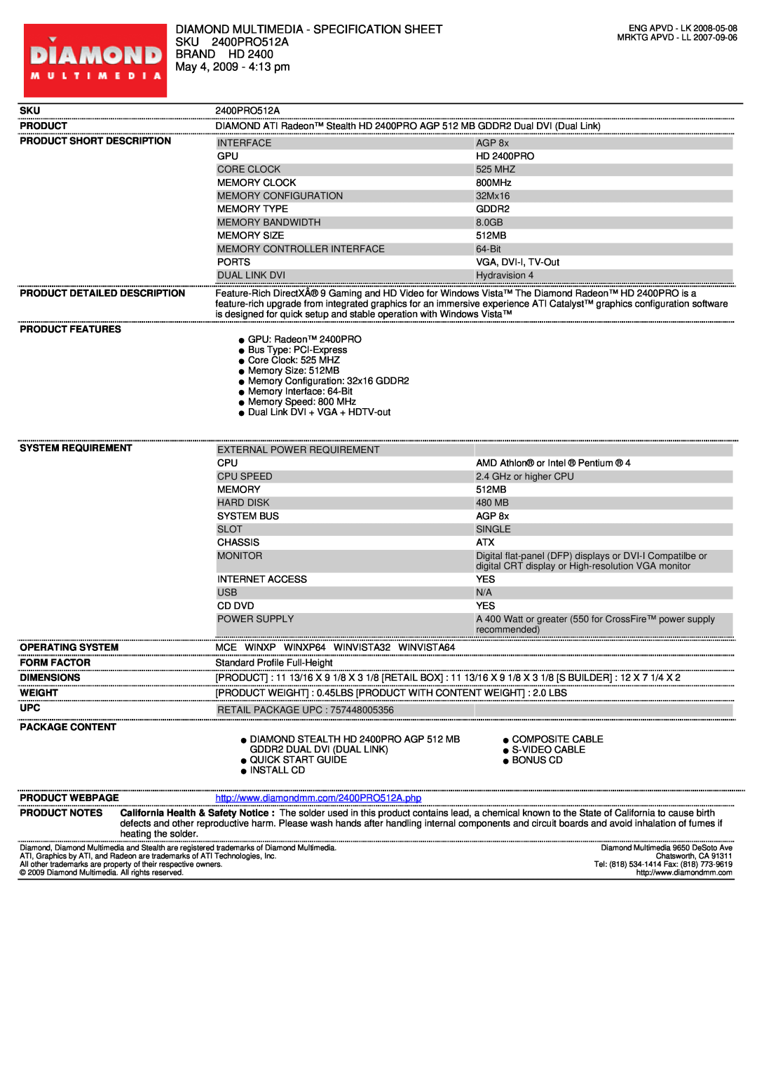 Diamond Multimedia SKU 2400PRO512A specifications Diamond Multimedia - Specification Sheet, Brand Hd, May 4, 2009 - 413 pm 