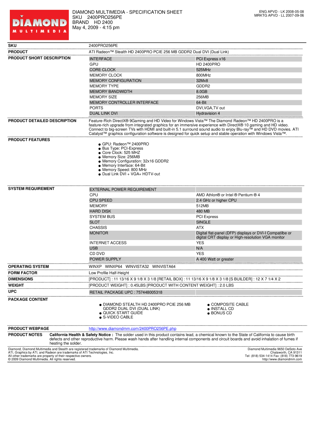 Diamond Multimedia 2400PRO256PE specifications Diamond Multimedia Specification Sheet, Sku, Brand HD, May 4, 2009 415 pm 