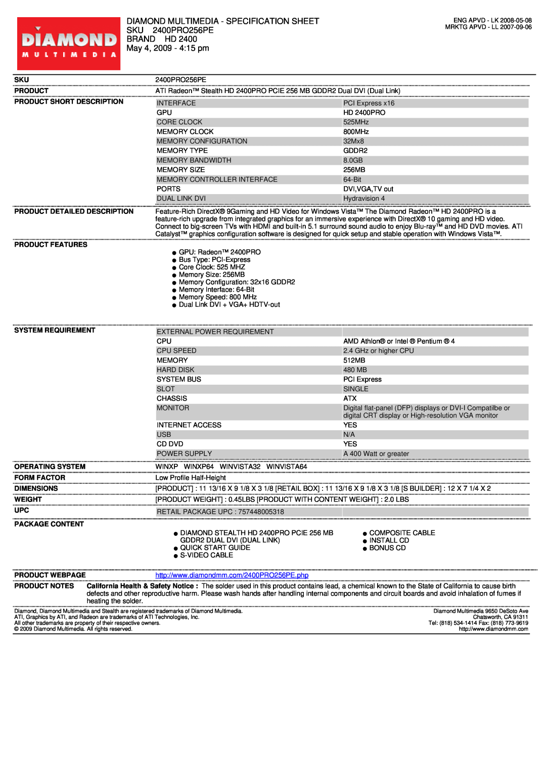Diamond Multimedia 2400PRO256PE specifications Diamond Multimedia - Specification Sheet, Brand Hd, May 4, 2009 - 415 pm 