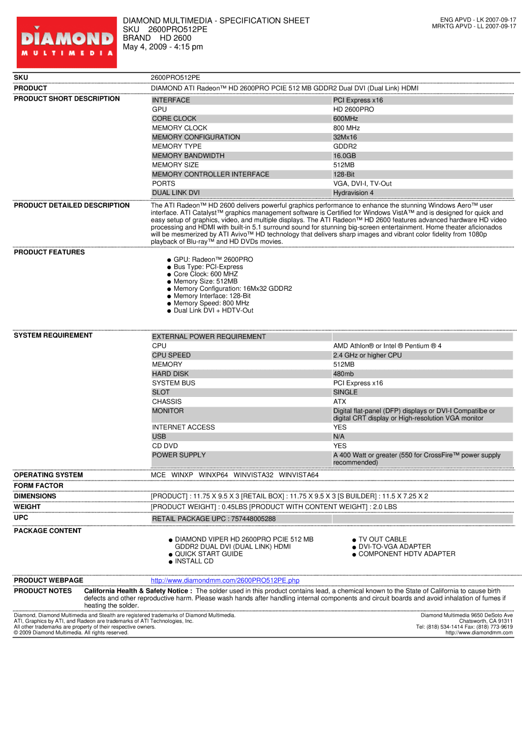 Diamond Multimedia 2600PRO512PE specifications Diamond Multimedia Specification Sheet, Sku, Brand HD, May 4, 2009 415 pm 