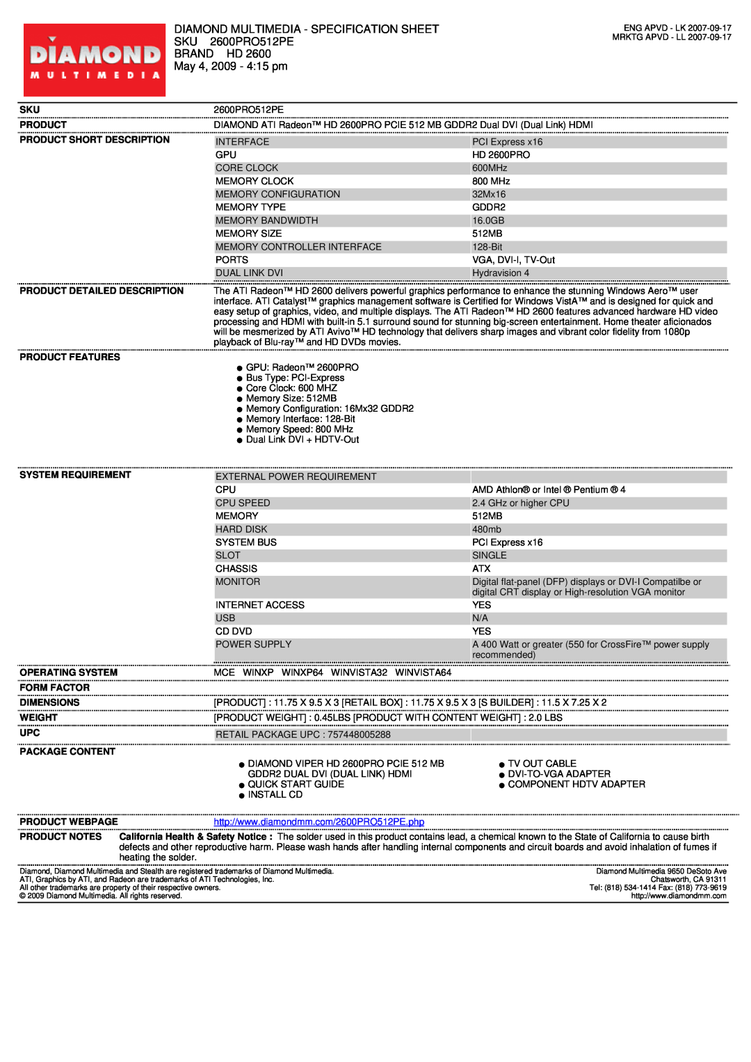 Diamond Multimedia 2600PRO512PE specifications Diamond Multimedia - Specification Sheet, Brand Hd, May 4, 2009 - 415 pm 