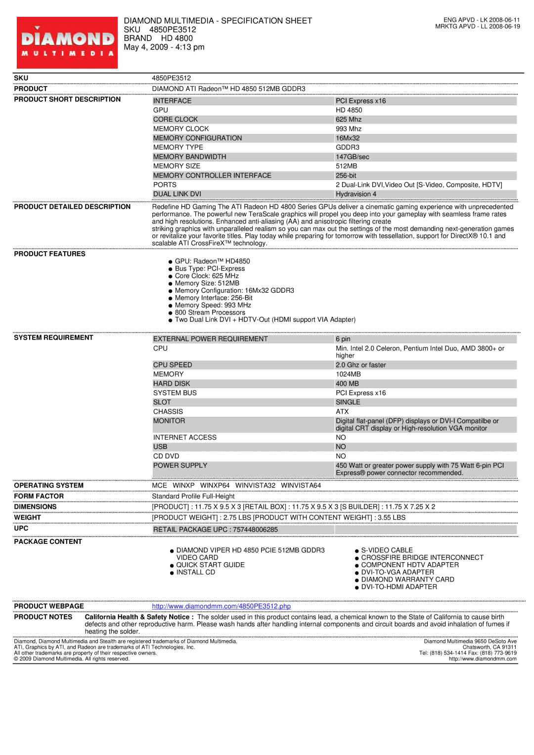 Diamond Multimedia HD 4850 specifications Diamond Multimedia Specification Sheet, Sku, 4850PE3512, Brand HD 