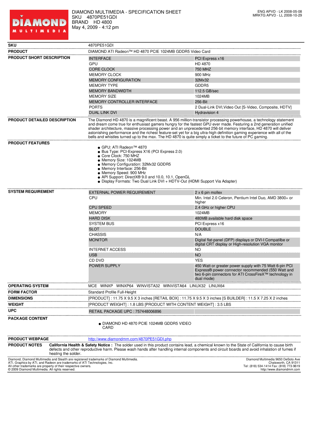 Diamond Multimedia HD 4870 PCIE specifications Sku, Product Short Description, Product Detailed Description 