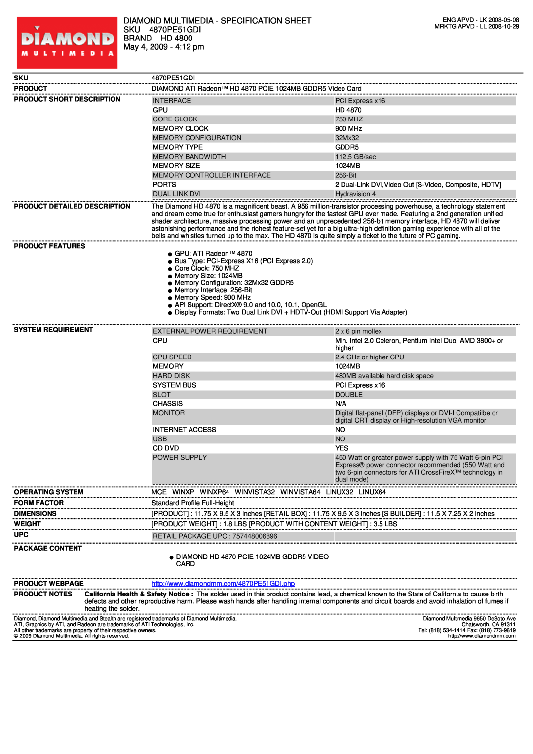 Diamond Multimedia HD 4870 PCIE specifications Diamond Multimedia - Specification Sheet, 4870PE51GDI, Brand Hd, Product 
