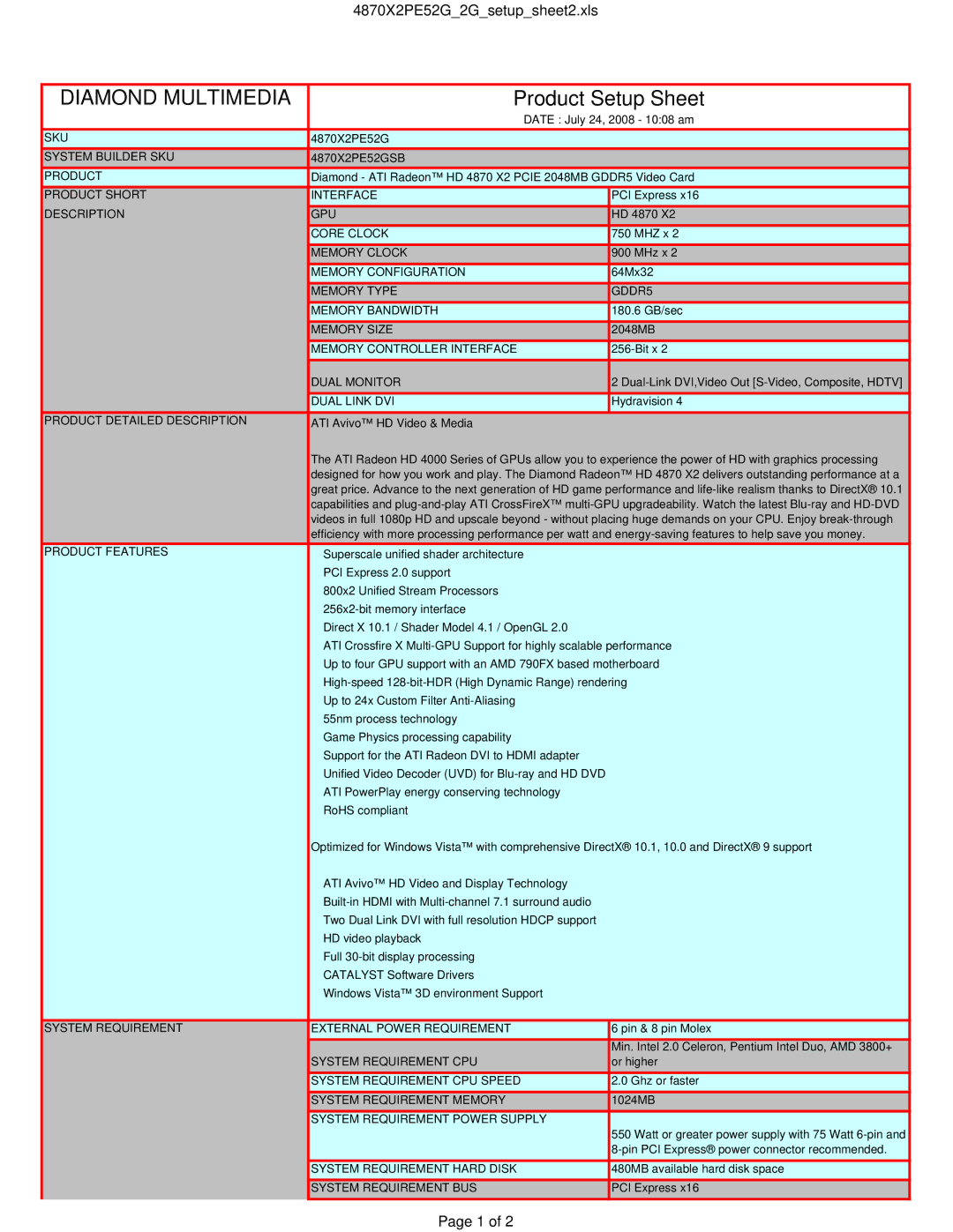 Diamond Multimedia HD 4870 X2 PCIE manual Diamond Multimedia, Product Setup Sheet 