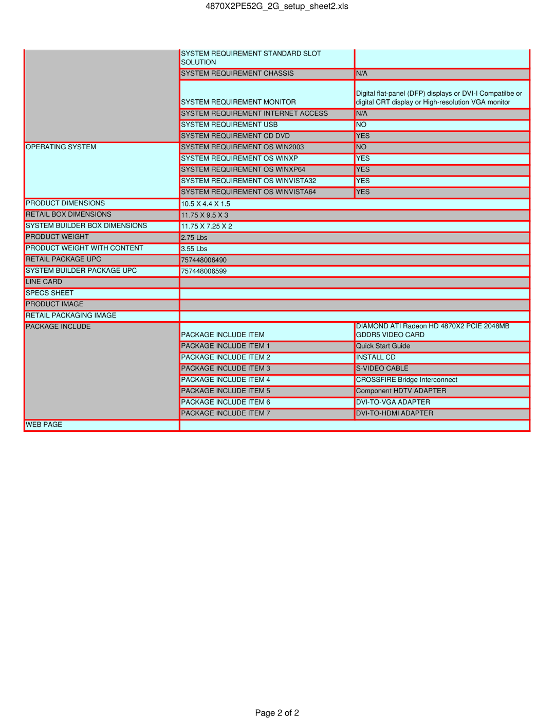 Diamond Multimedia HD 4870 X2 PCIE manual System Requirement Monitor, Retail BOX Dimensions, System Builder BOX Dimensions 