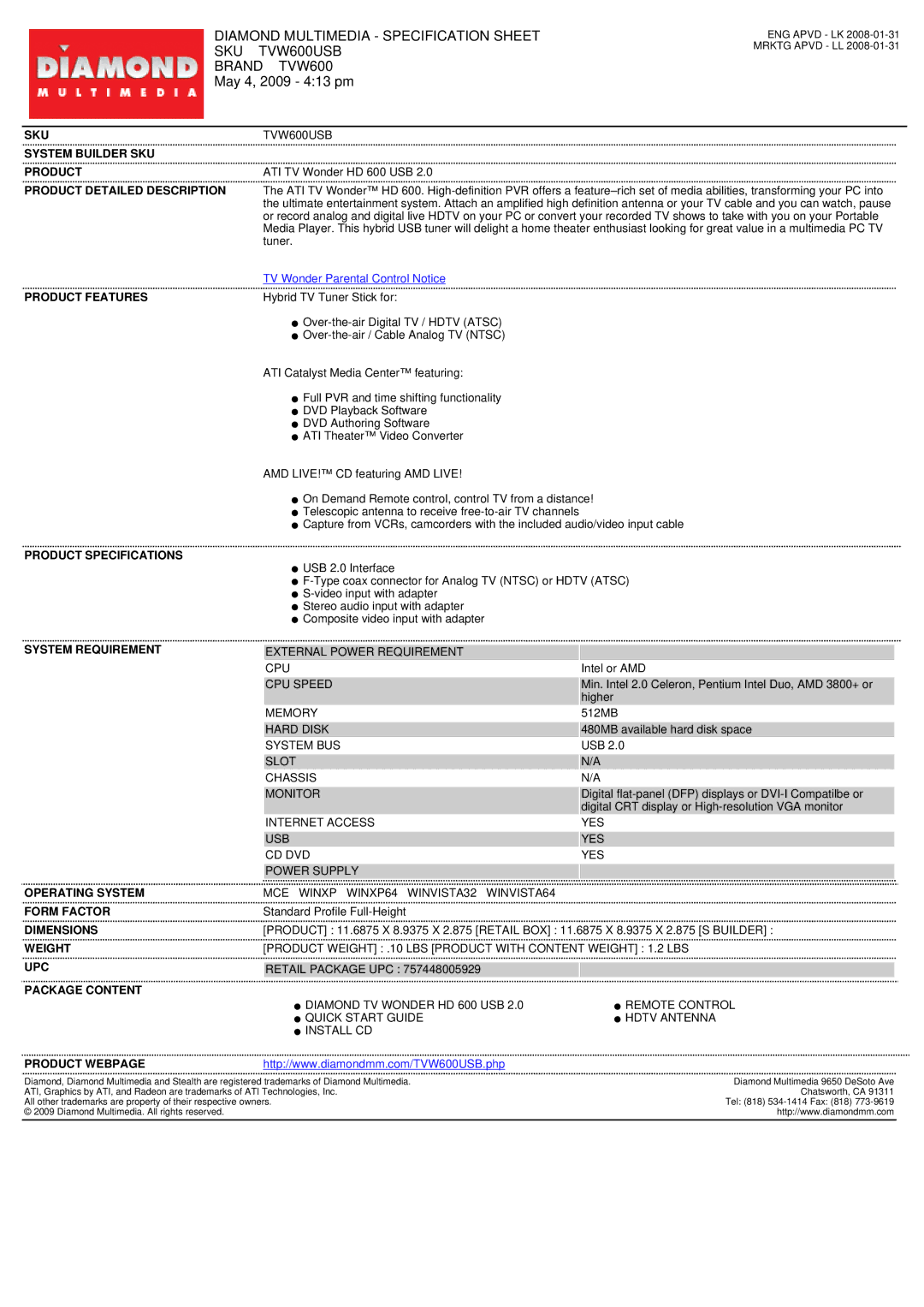 Diamond Multimedia HD 600 specifications Diamond Multimedia Specification Sheet SKU TVW600USB 