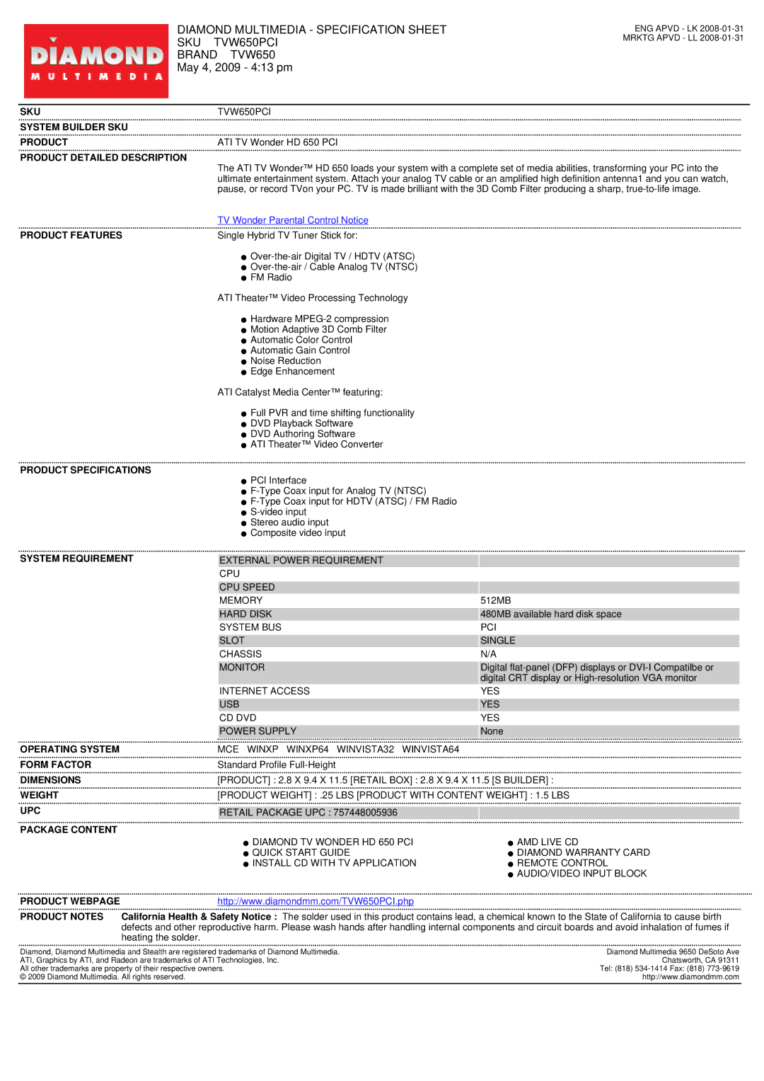 Diamond Multimedia HD 650 PCI specifications Diamond Multimedia Specification Sheet SKU TVW650PCI 