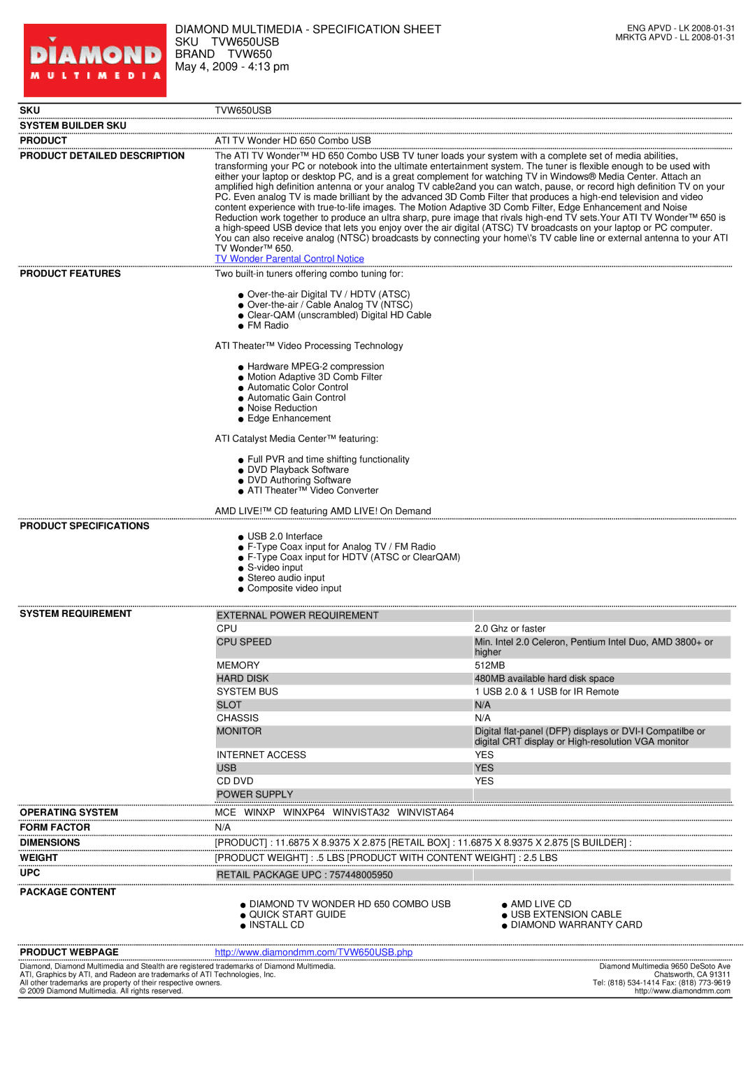 Diamond Multimedia HD 650 specifications Diamond Multimedia Specification Sheet SKU TVW650USB 