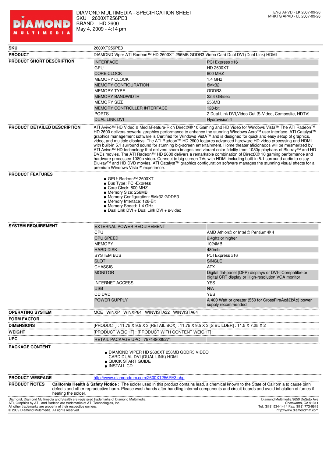 Diamond Multimedia HD2600XT specifications Diamond Multimedia Specification Sheet, Sku, 2600XT256PE3, Brand HD 