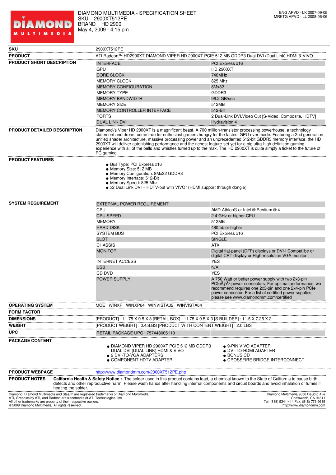 Diamond Multimedia HD2900XT specifications Sku, Product Short Description, Product Detailed Description 