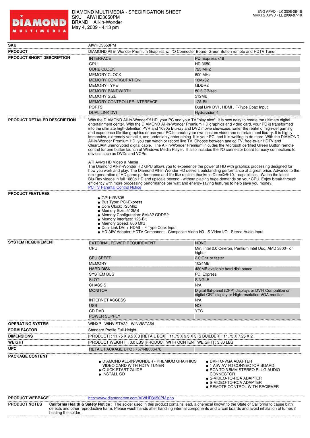 Diamond Multimedia specifications Diamond Multimedia Specification Sheet, SKU AIWHD3650PM 