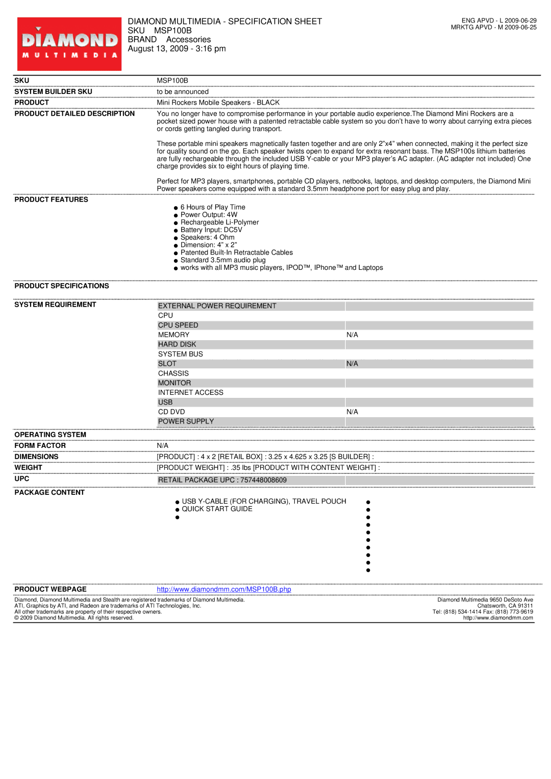 Diamond Multimedia specifications Diamond Multimedia Specification Sheet SKU MSP100B 