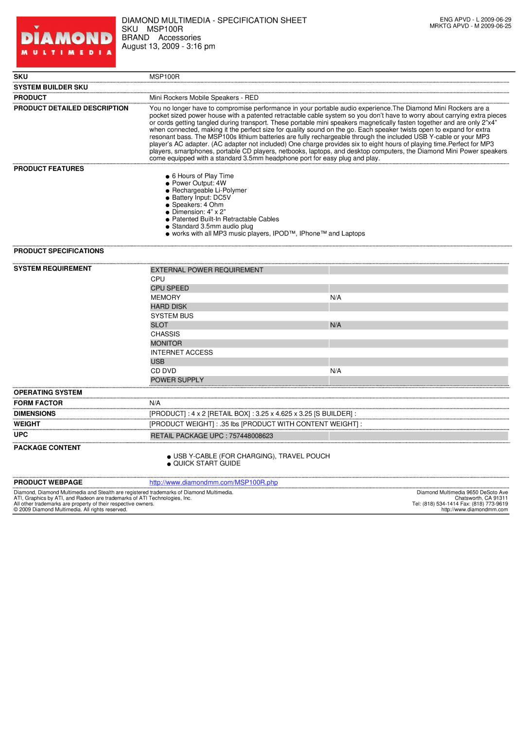 Diamond Multimedia specifications Diamond Multimedia Specification Sheet SKU MSP100R 