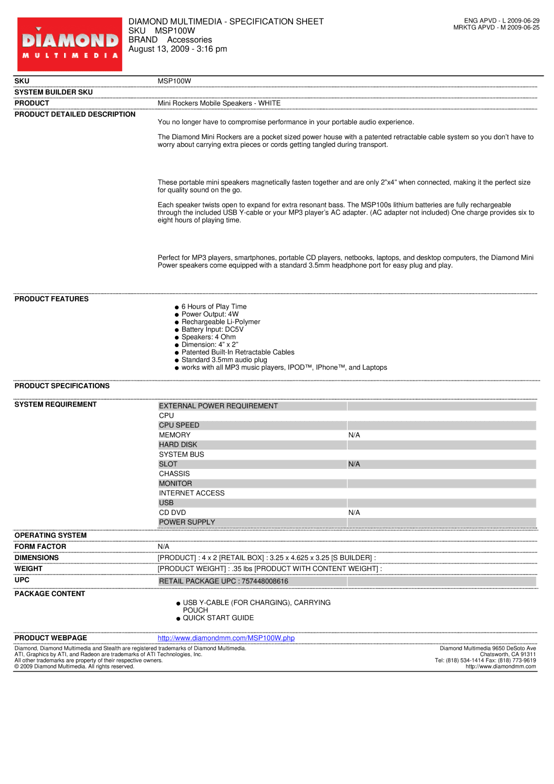 Diamond Multimedia specifications Diamond Multimedia Specification Sheet SKU MSP100W 