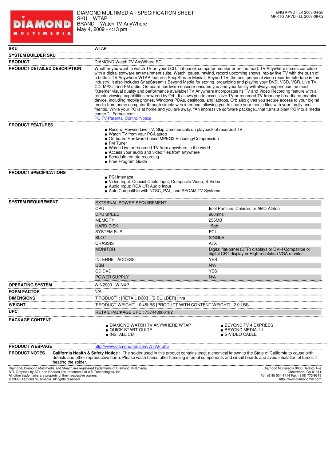 Diamond Multimedia PCI Interface specifications Diamond Multimedia Specification Sheet SKU Wtap 