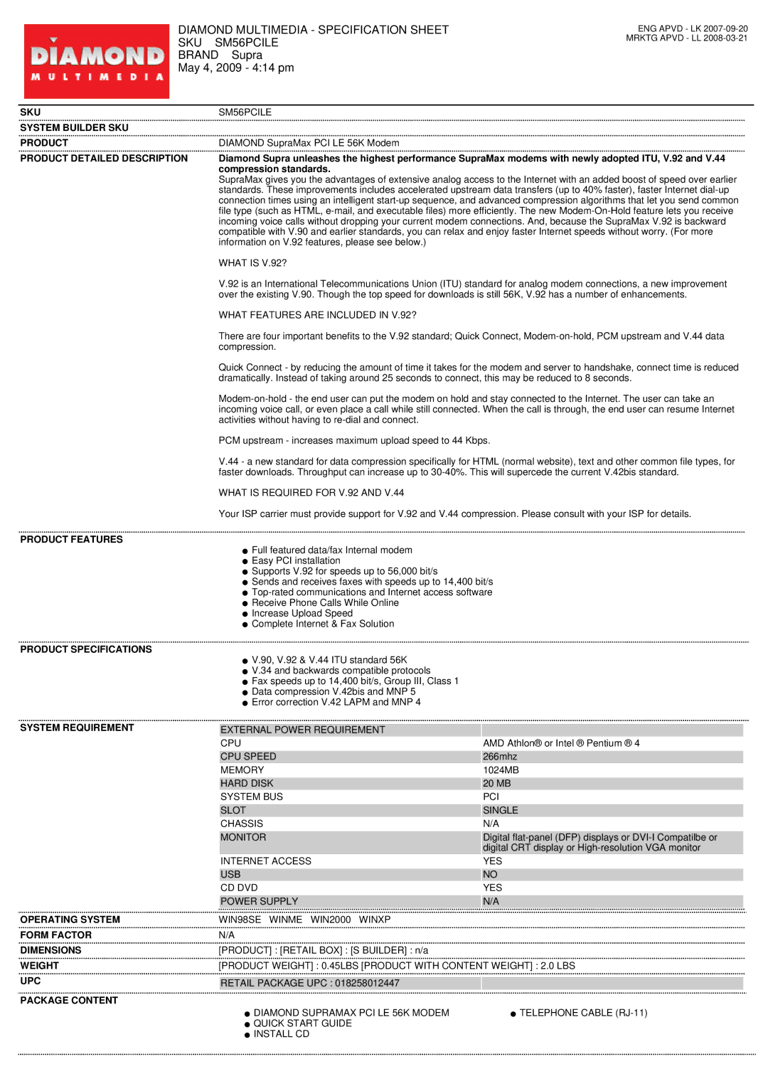 Diamond Multimedia PCI LE specifications Sku, System Builder SKU Product, Product Detailed Description, Product Features 