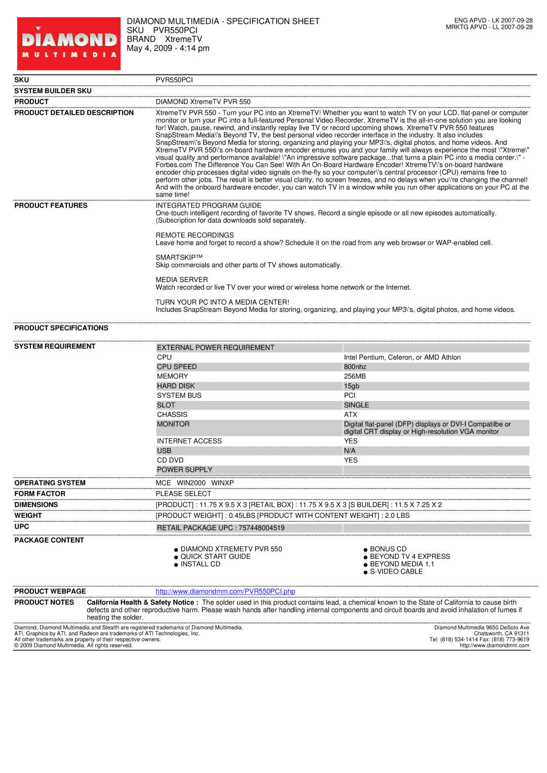 Diamond Multimedia PVR550PCI specifications Sku, System Builder SKU Product, Product Detailed Description 