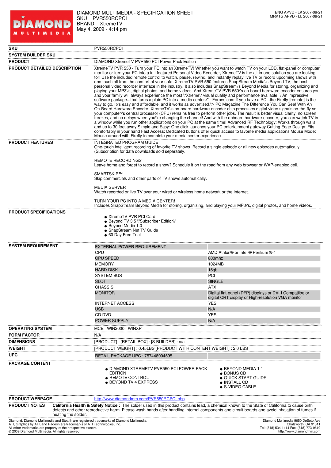 Diamond Multimedia PVR550RCPCI specifications Sku, System Builder SKU Product, Product Detailed Description 