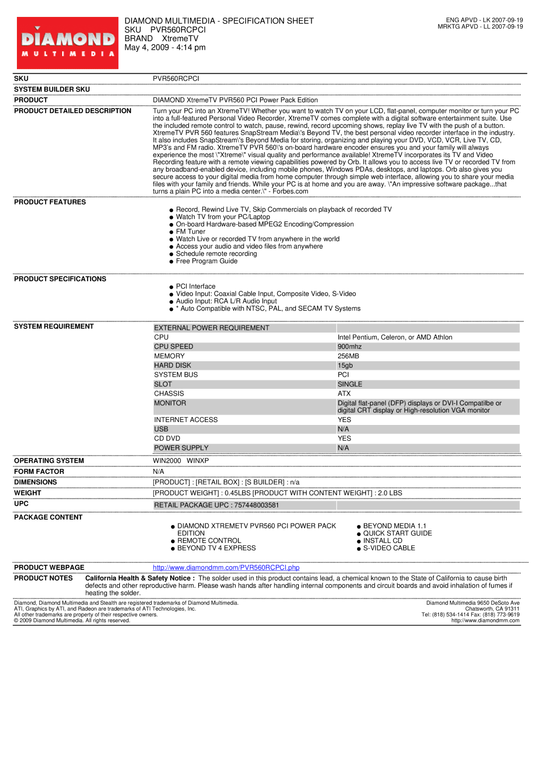 Diamond Multimedia specifications Diamond Multimedia Specification Sheet SKU PVR560RCPCI 