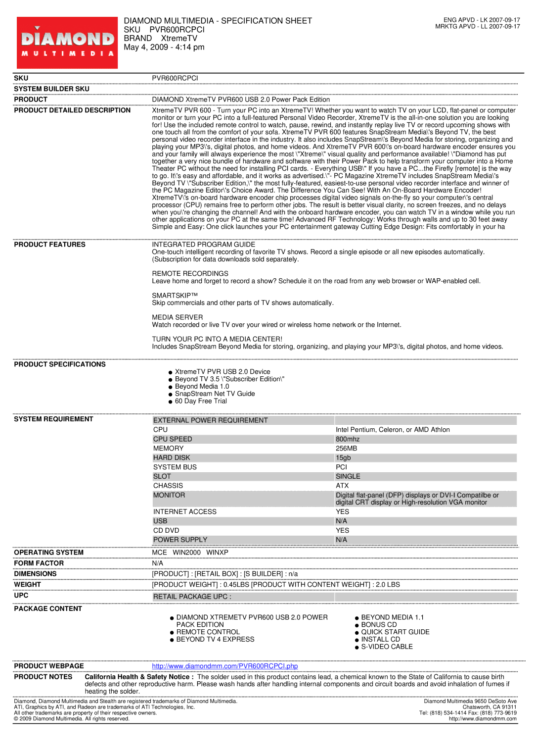 Diamond Multimedia PVR600 specifications Sku, System Builder SKU Product, Product Detailed Description, Product Features 